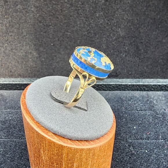 Estate 14k YG Lapis Lazuli Cabochon Pear Cut Inlaid Tiger Bamboo Ring - Picture 2 of 10